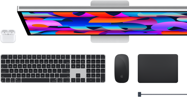Akcesoria do Maca: AirPods, Studio Display, Magic Keyboard, Magic Mouse, Magic Trackpad, przewód ładujący MagSafe