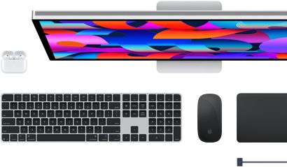 Akcesoria do Maca: AirPods, Studio Display, Magic Keyboard, Magic Mouse, Magic Trackpad, przewód ładujący MagSafe