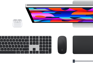 Akcesoria do Maca: AirPods, Studio Display, Magic Keyboard, Magic Mouse, Magic Trackpad, przewód ładujący MagSafe