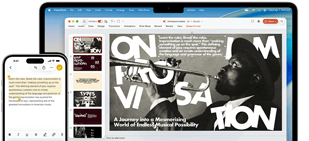 iPhone 16 Plus z wyróżnionym tekstem w aplikacji Notatki, MacBook Air z otwartym slajdem Keynote, tekst z aplikacji Notatki widoczny na slajdzie