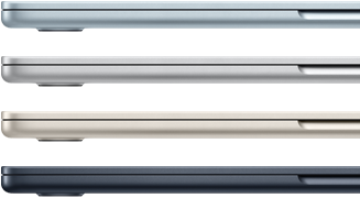 Cztery MacBooki Air w czterech różnych kolorach widziane z boku