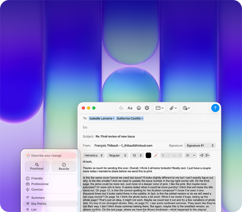 Ekran MacBooka Neo, na którym w aplikacji Poczta za pomocą Narzędzi pisania Apple Intelligence poprawiono długi akapit w wiadomości zawierającej komentarz na temat publikacji