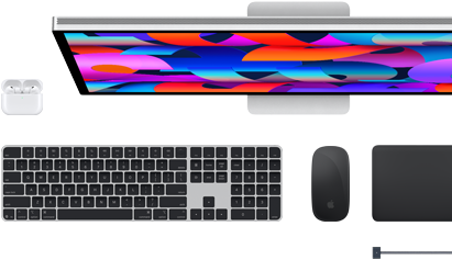 Akcesoria do Maca: AirPods, monitor Studio Display, klawiatura Magic Keyboard, mysz Magic Mouse, gładzik Magic Trackpad, przewód do ładowania MagSafe