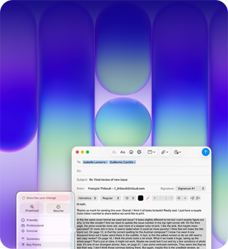 Ekran MacBooka Neo, na którym w aplikacji Poczta za pomocą Narzędzi pisania Apple Intelligence poprawiono długi akapit w wiadomości zawierającej komentarz na temat publikacji