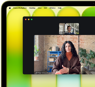 MacBook Neo w kolorze cytrusowożółtym, na ekranie widoczna jest wideorozmowa, funkcja Centrum uwagi utrzymuje użytkownika w środku kadru