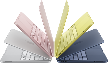L}Laptopy MacBook Neo w kolorach srebrnym, subtelnego różu, cytrusowożółtym i indygo, lekko otwarte i ułożone w łuk