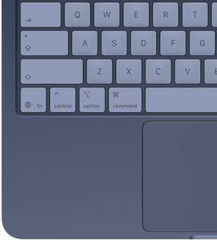 Widok z góry na MacBooka Neo w kolorze indygo z dopasowanymi kolorystycznie klawiszami i gładzikiem Multi‑Touch