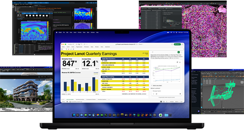 Wiele laptopów MacBook Pro wyświetlających aplikacje Matlab, Vectorworks, QuPath, LM Studio Maya i Microsoft Excel