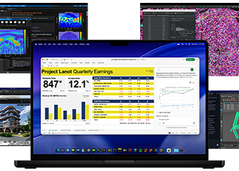 Wiele laptopów MacBook Pro wyświetlających aplikacje: Matlab, Vectorworks, QuPath, LM Studio Maya i Microsoft Excel