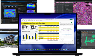 Wiele laptopów MacBook Pro wyświetlających aplikacje: Matlab, Vectorworks, QuPath, LM Studio Maya i Microsoft Excel