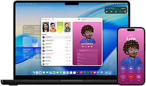 MacBook Pro i iPhone 16 Plus, otwarta aplikacja Telefon, ten sam kontakt wyświetlony na obu ekranach, prezentacja funkcji Continuity