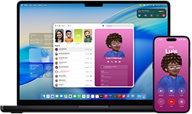 MacBook Pro i iPhone 16 Plus, otwarta aplikacja Telefon, ten sam kontakt wyświetlony na obu ekranach, prezentacja funkcji Continuity