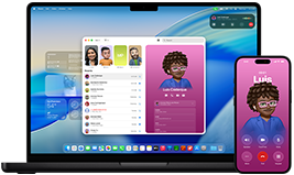 MacBook Pro i iPhone 16 Plus, otwarta aplikacja Telefon, ten sam kontakt wyświetlony na obu ekranach, prezentacja funkcji Continuity