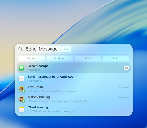 Przykład użycia Spotlight do wysyłania Wiadomości, z listą wyników wyszukiwania pokazującą opcje do wyboru