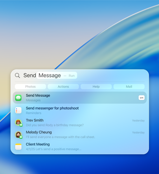 Przykład użycia Spotlight do wysyłania Wiadomości, z listą wyników wyszukiwania pokazującą opcje do wyboru