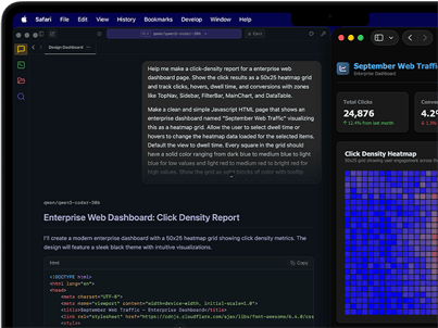 Ekran MacBooka Pro z dwoma oknami Safari obok siebie, wyświetlającymi wyszukiwanie oparte na sztucznej inteligencji, z wpisanym zapytaniem o analizę ruchu na stronie internetowej oraz wynikami tego zapytania