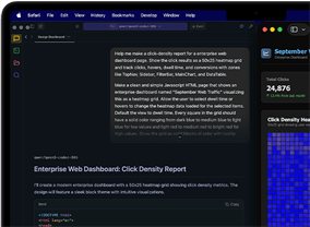 Ekran MacBooka Pro z dwoma oknami Safari obok siebie, wyświetlającymi wyszukiwanie oparte na sztucznej inteligencji, z wpisanym zapytaniem o analizę ruchu na stronie internetowej oraz wynikami tego zapytania