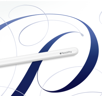 Apple Pencil Pro, biały, pokazany na białym tle z niebieskimi zawijasami