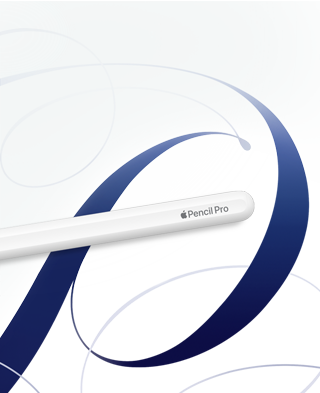 Apple Pencil Pro, biały, pokazany na białym tle z niebieskimi zawijasami
