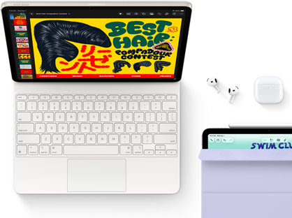 iPad Air, kolor księżycowej poświaty, kolorowa grafika na ekranie, podłączony do klawiatury Magic Keyboard, słuchawek AirPods Pro i Apple Pencil Pro