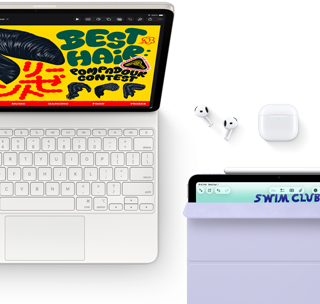 iPad Air, kolor księżycowej poświaty, kolorowa grafika na ekranie, podłączony do klawiatury Magic Keyboard, słuchawek AirPods Pro i Apple Pencil Pro