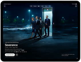 iPad Air, przód obudowy, na ekranie wyświetlany jest serial Rozdzielenie w aplikacji Apple TV