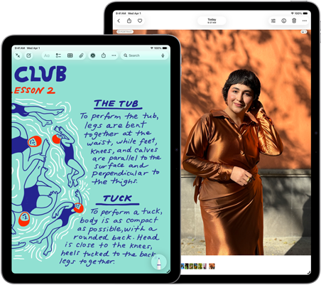Dwa iPady Air w rozmiarach 11 i 13 cali, na ekranie 11‑calowego modelu przedstawiony jest kolorowy tekst w aplikacji Notatki, na ekranie 13‑calowego modelu przedstawione jest zdjęcie osoby w aplikacji Zdjęcia