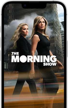 Widoczny od przodu ekran iPhone’a 17e prezentujący serial „The Morning Show” z Apple TV+