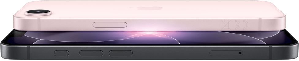 iPhone 17e w pozycji poziomej, bok i tył obudowy, kolor jasnoróżowy. iPhone 17e w pozycji poziomej, bok i tył obudowy, kolor czarny