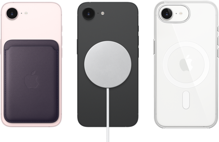 iPhone 17e, tył obudowy, kolor jasnoróżowy, portfel z tkaniny FineWoven z MagSafe. iPhone 17e, tył obudowy, kolor czarny, podłączona ładowarka MagSafe. iPhone 17e, tył obudowy, kolor biały,  przezroczyste etui z MagSafe
