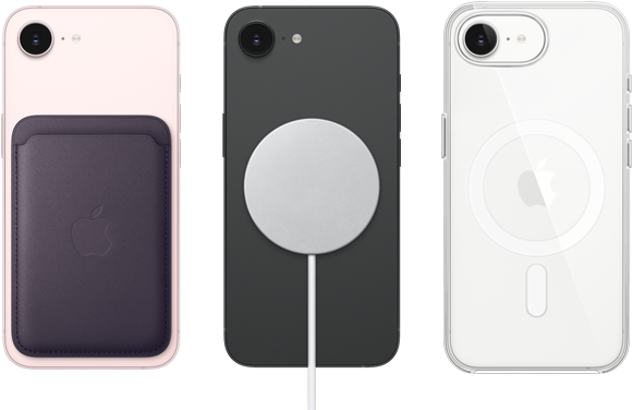 iPhone 17e, tył obudowy, kolor jasnoróżowy, portfel z tkaniny FineWoven z MagSafe. iPhone 17e, tył obudowy, kolor czarny, podłączona ładowarka MagSafe. iPhone 17e, tył obudowy, kolor biały,  przezroczyste etui z MagSafe