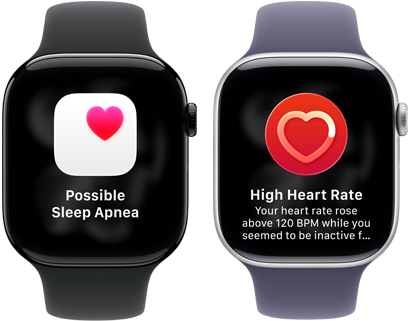 Dwa zegarki Apple Watch Series 11 ustawione obok siebie, koperta z aluminium w kolorze polerowanego onyksu, powiadomienie o możliwym bezdechu sennym, różowe serce w białym polu, prawa strona obudowy, pokrętło Digital Crown, pasek sportowy w kolorze czarnym. Drugie urządzenie, koperta z tytanu w kolorze srebrnym, aplikacja Tętno, bieżąca wartość uderzeń serca na minutę, widoczny prawy bok urządzenia, pokrętło Digital Crown, pasek sportowy w kolorze mlecznego fioletu