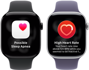 Dwa zegarki Apple Watch Series 11 ustawione obok siebie, koperta z aluminium w kolorze polerowanego onyksu, powiadomienie o możliwym bezdechu sennym, różowe serce w białym polu, widoczny prawy bok urządzenia, pokrętło Digital Crown, pasek sportowy w kolorze czarym. Drugie urządzenie, koperta z tytanu w kolorze srebrnym, aplikacja Tętno, bieżąca wartość uderzeń serca na minutę, widoczny prawy bok urządzenia, pokrętło Digital Crown, pasek sportowy w kolorze mlecznego fioletu
