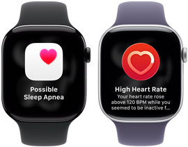 Dwa zegarki Apple Watch Series 11 ustawione obok siebie, koperta z aluminium w kolorze polerowanego onyksu, powiadomienie o możliwym bezdechu sennym, różowe serce w białym polu, widoczny prawy bok urządzenia, pokrętło Digital Crown, pasek sportowy w kolorze czarym. Drugie urządzenie, koperta z tytanu w kolorze srebrnym, aplikacja Tętno, bieżąca wartość uderzeń serca na minutę, widoczny prawy bok urządzenia, pokrętło Digital Crown, pasek sportowy w kolorze mlecznego fioletu